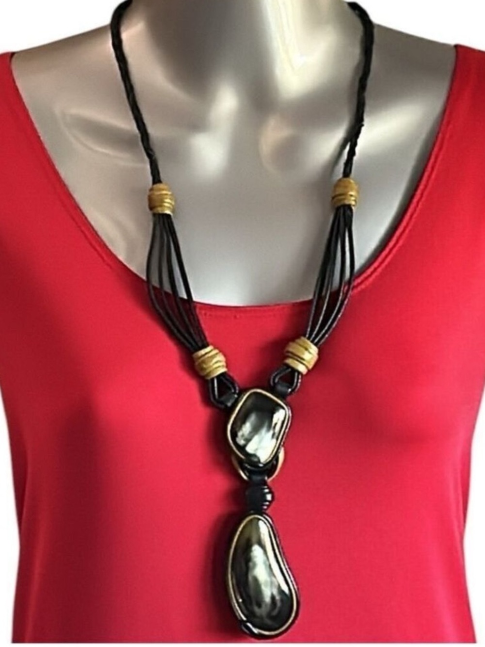 Braided Black Leather Adjustable Lanyard with Two Labradorite Healing Stones